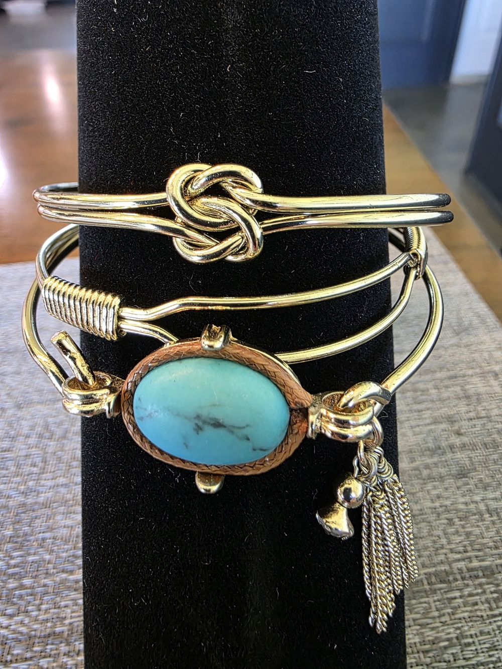 3 Set Gold-Tone Turquoise Stone Multi-Bangle Bracelet